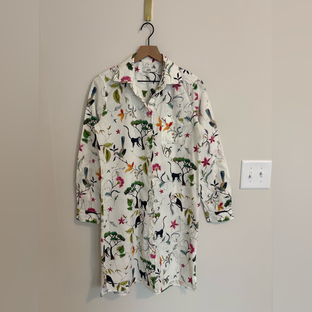 0039 Italy Rainforest Floral Animal Cotton Women Shirt Dress Size Medium